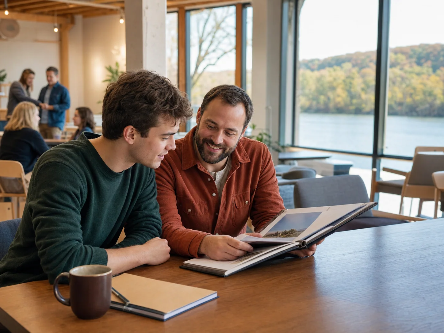 A resident and volunteer mentor reviewing a portfolio together